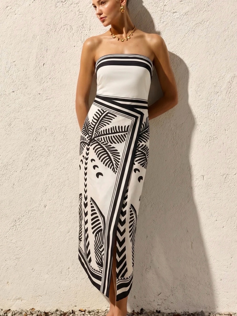 Palm Tree Print Strapless Wrap Maxi Dress !! COMMENSE